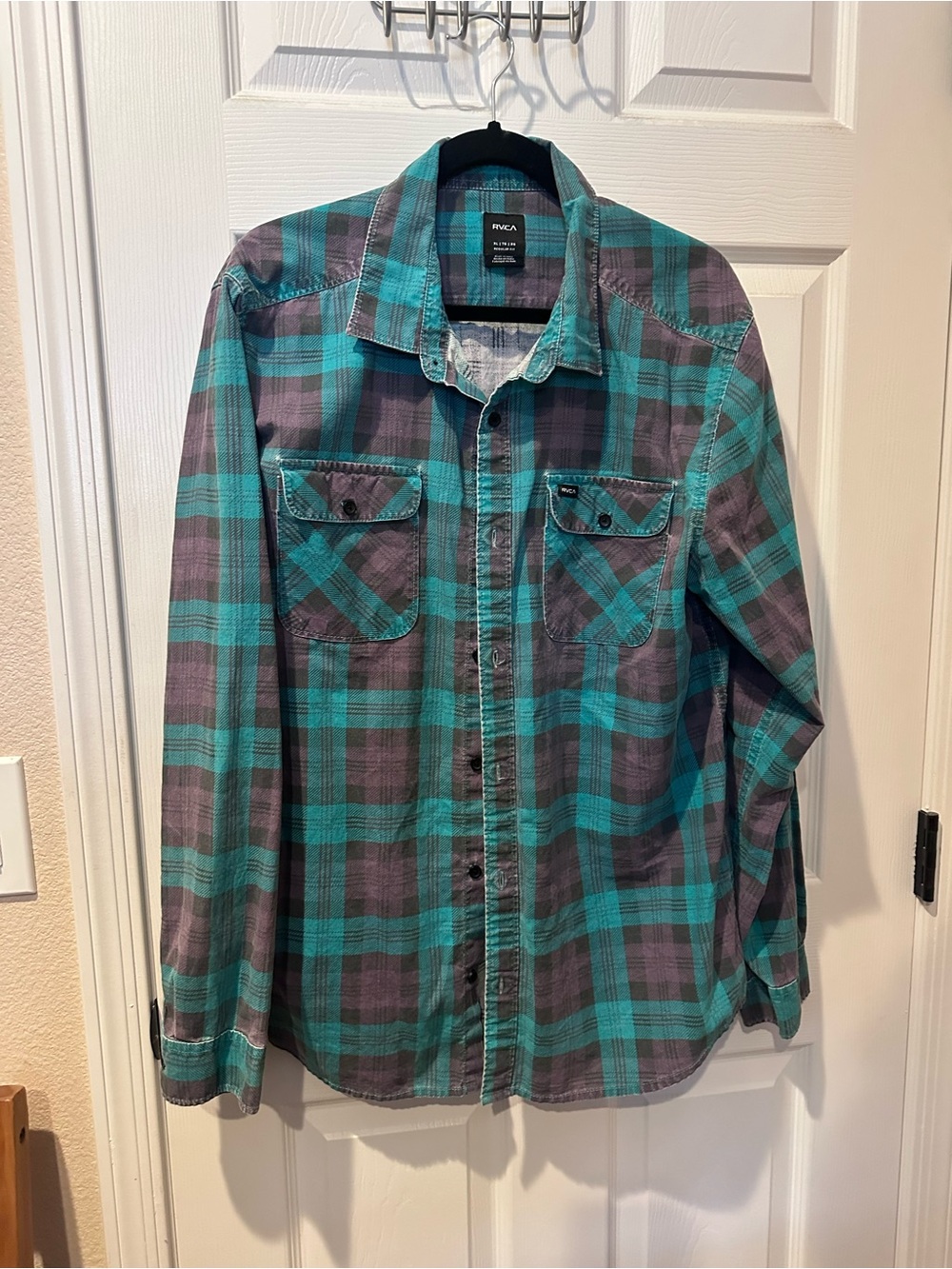 RVCA Teal and Gray Plaid Long Sleeve Shirt